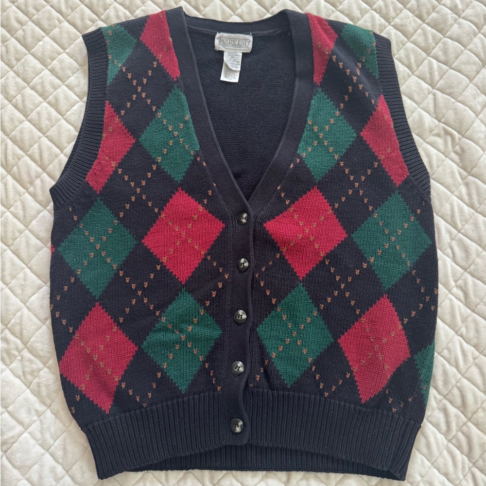 Vintage Lands’ End Argyle Sweater Vest Navy Red Green Preppy Knit